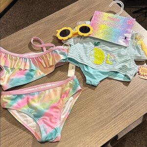 NWT swim bundle girls size 5 Colorful Swimsuit Set with Sunglasses & a 2 piece